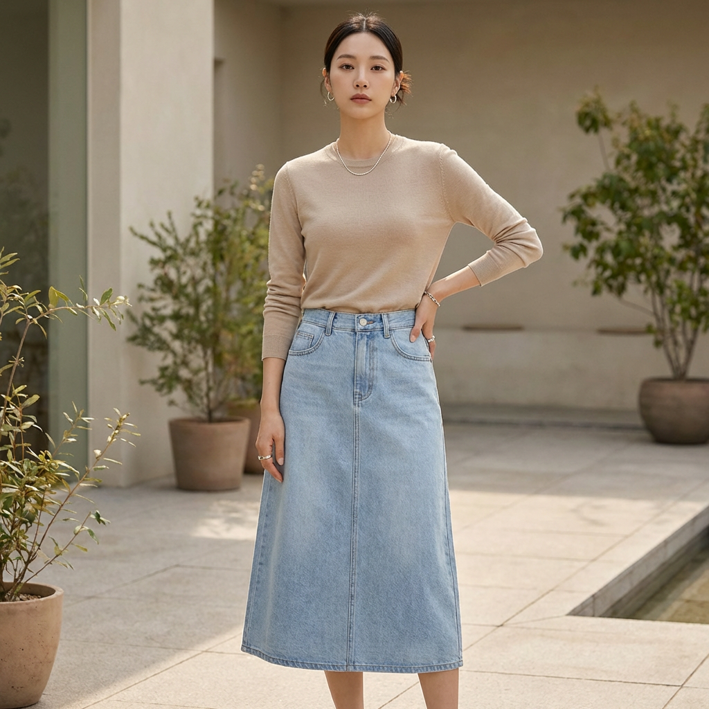 Denim Midi Skirt, , large