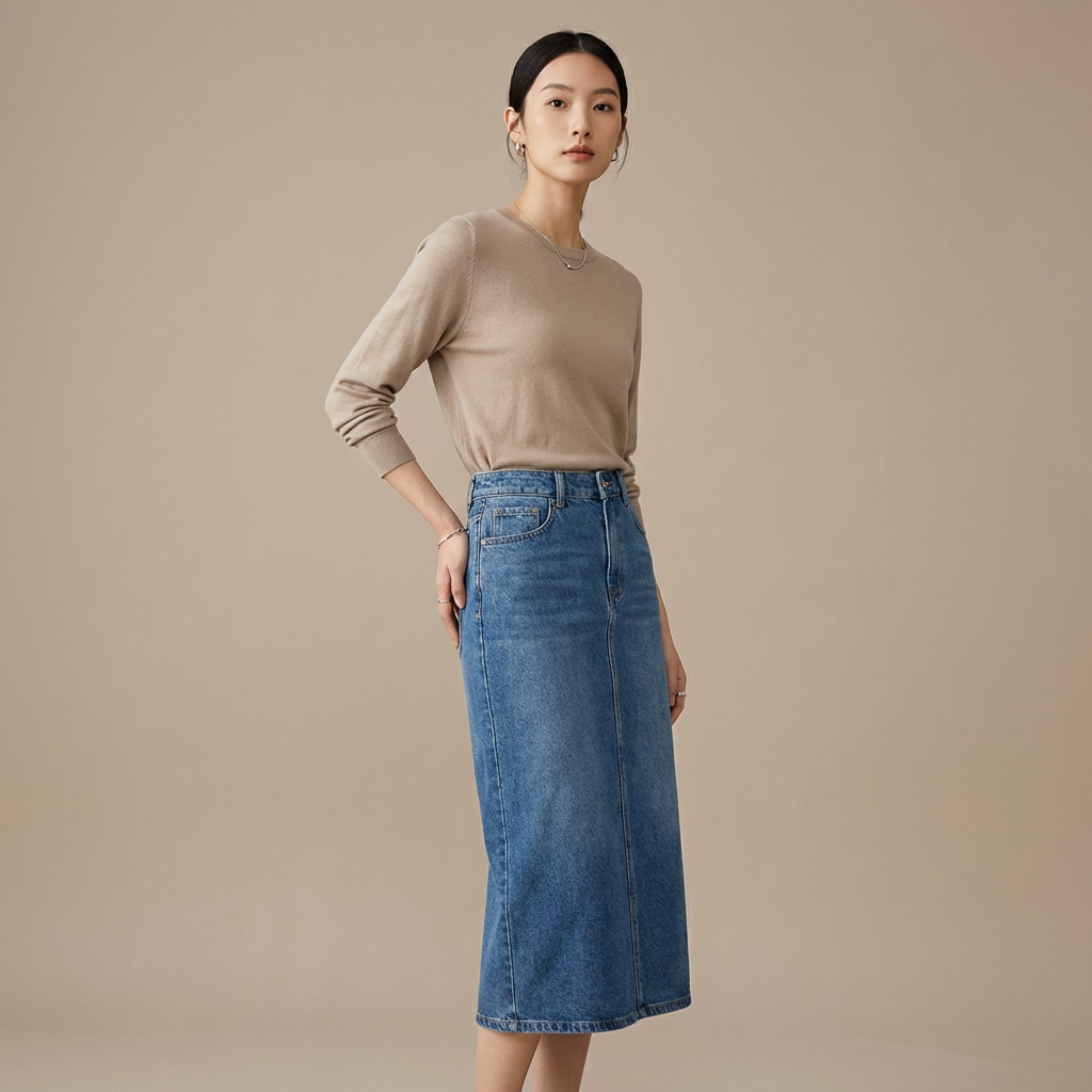 Denim Midi Skirt, , large
